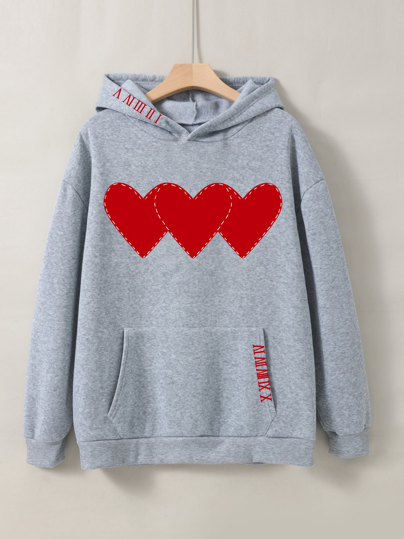 Women's Fleece Hoodie with Heart Print and Kangaroo Pocket