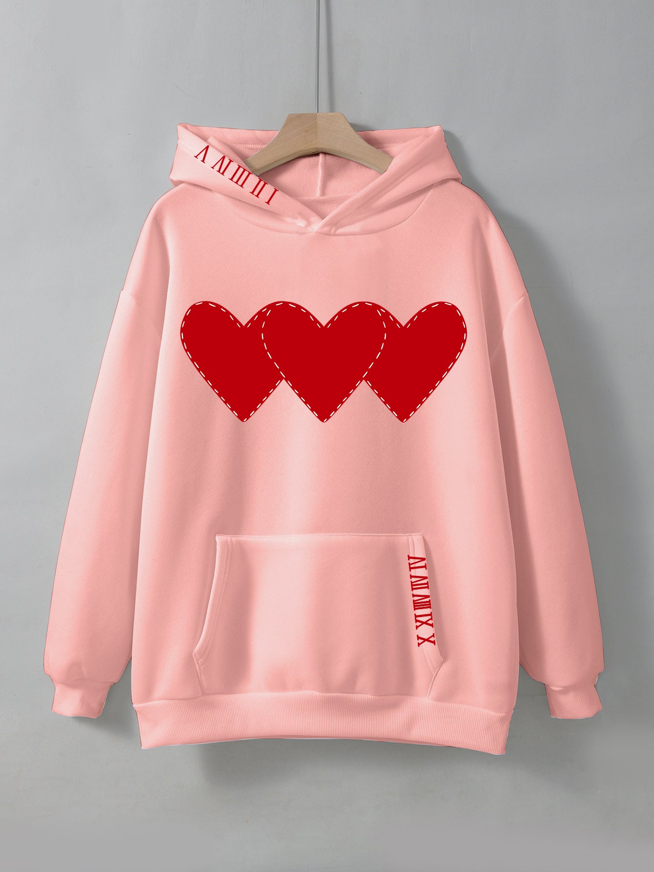 Women's Fleece Hoodie with Heart Print and Kangaroo Pocket