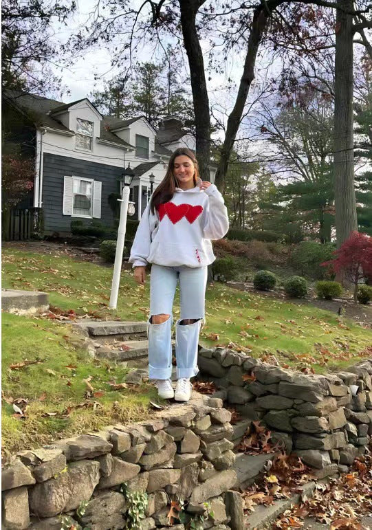 Women's Fleece Hoodie with Heart Print and Kangaroo Pocket