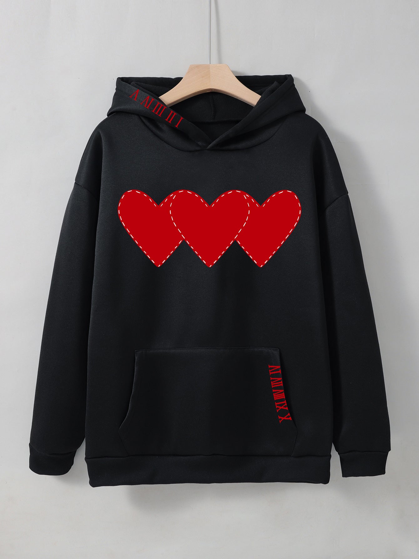 Women's Fleece Hoodie with Heart Print and Kangaroo Pocket