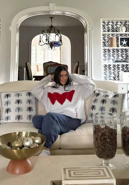 Women's Fleece Hoodie with Heart Print and Kangaroo Pocket