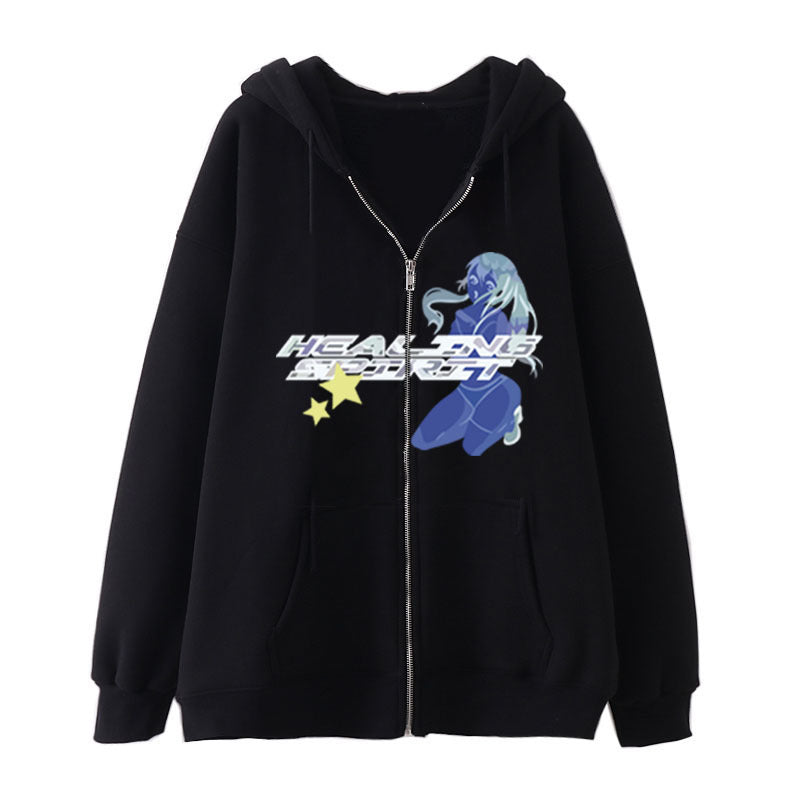 Dark Butterfly Print Zip Casual Cardigan Sweatshirt