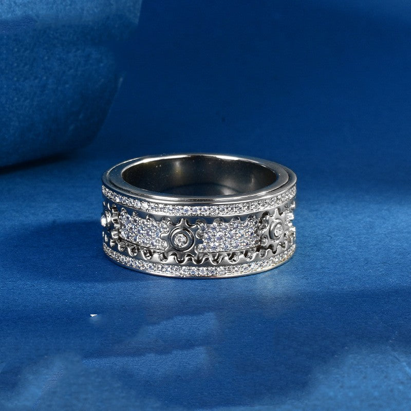 S925 Sterling Silver Full Diamond Rotating Gear Ring