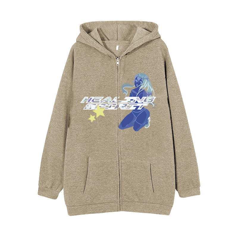 Dark Butterfly Print Zip Casual Cardigan Sweatshirt