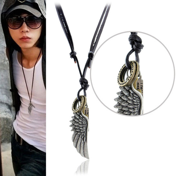 Engraved Retro Leather Necklace with Angel Wings & Feathers