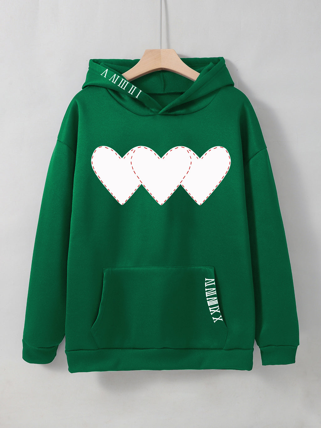Women's Fleece Hoodie with Heart Print and Kangaroo Pocket