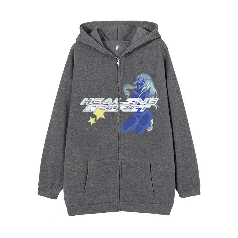 Dark Butterfly Print Zip Casual Cardigan Sweatshirt