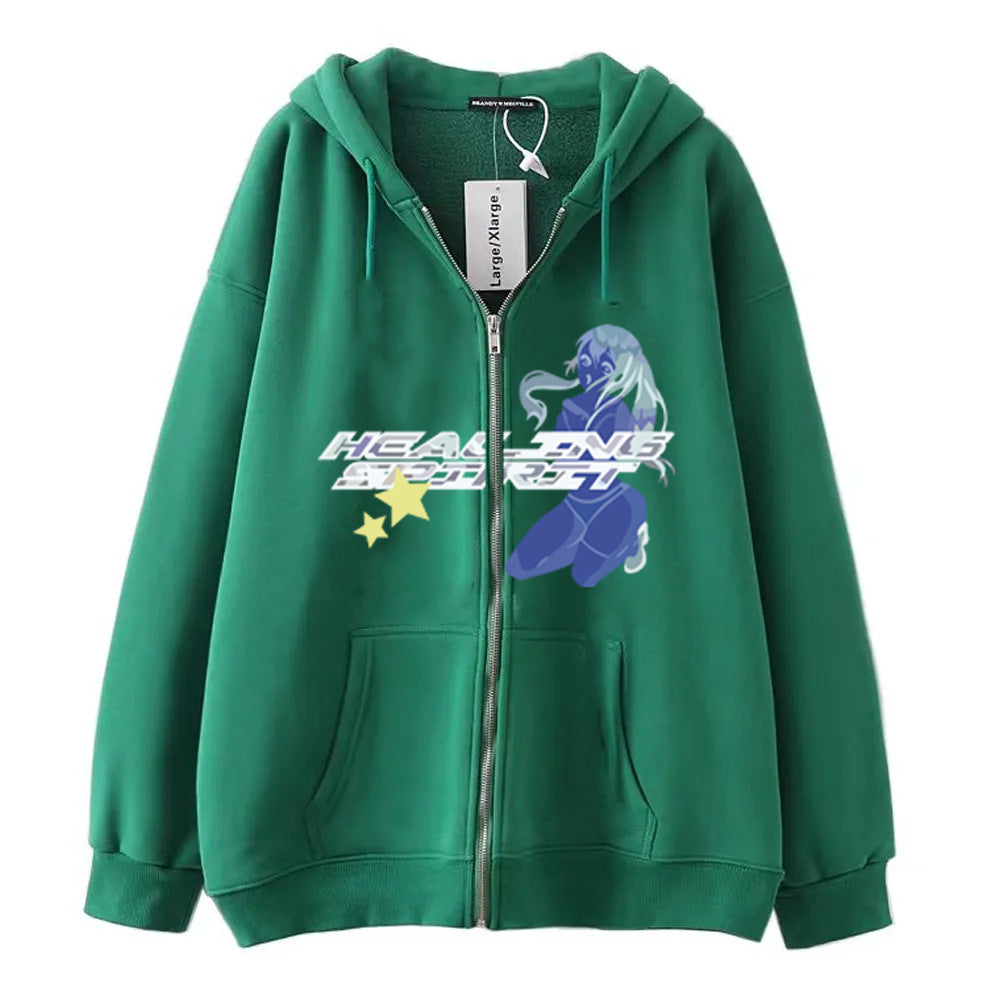 Dark Butterfly Print Zip Casual Cardigan Sweatshirt