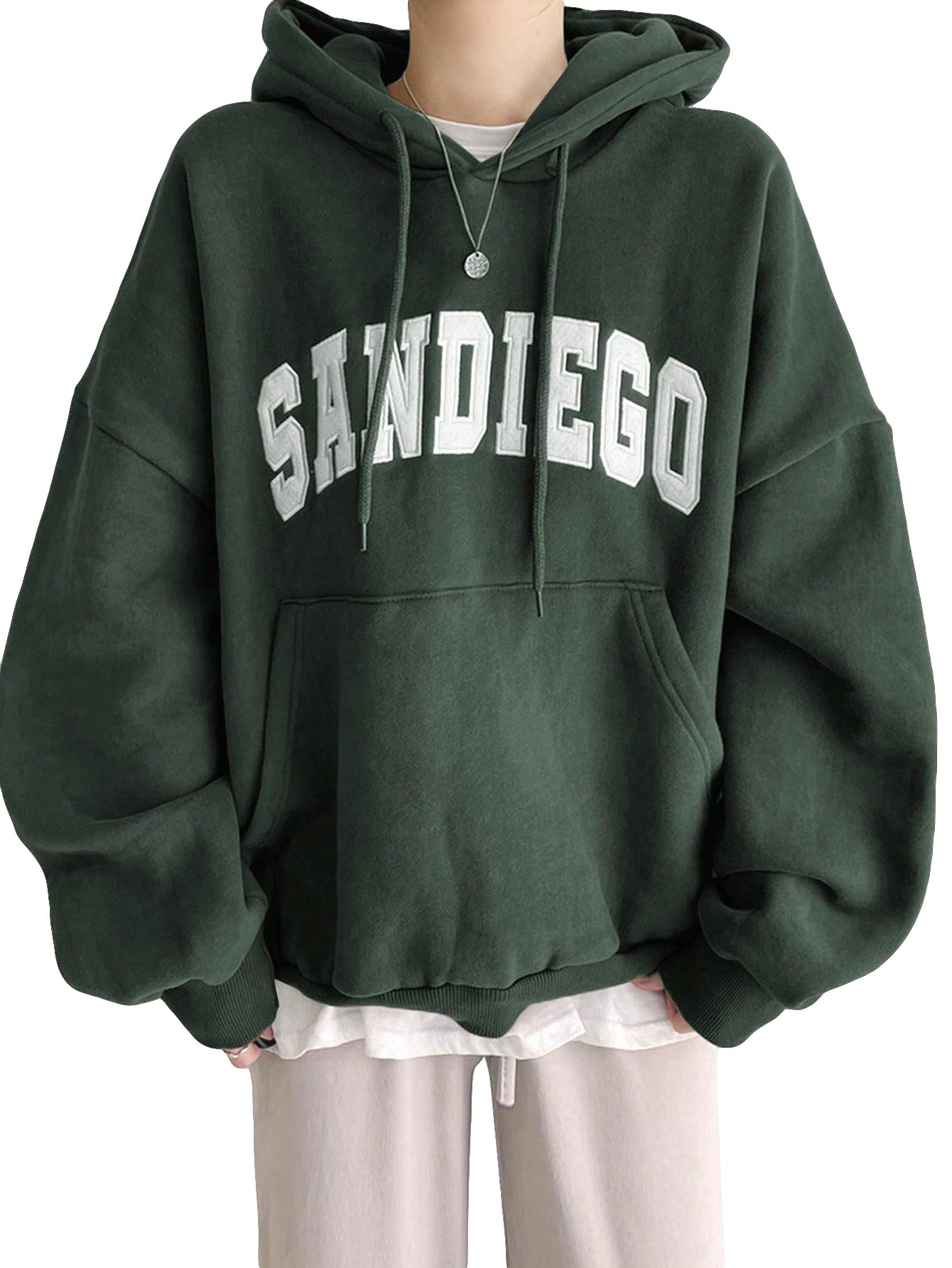 SOLY HUX Womens Letter Print Graphic Hoodies Drawstring Long Sleeve Pocket Pullover Oversized Sweatshirt Dark Green Letter L