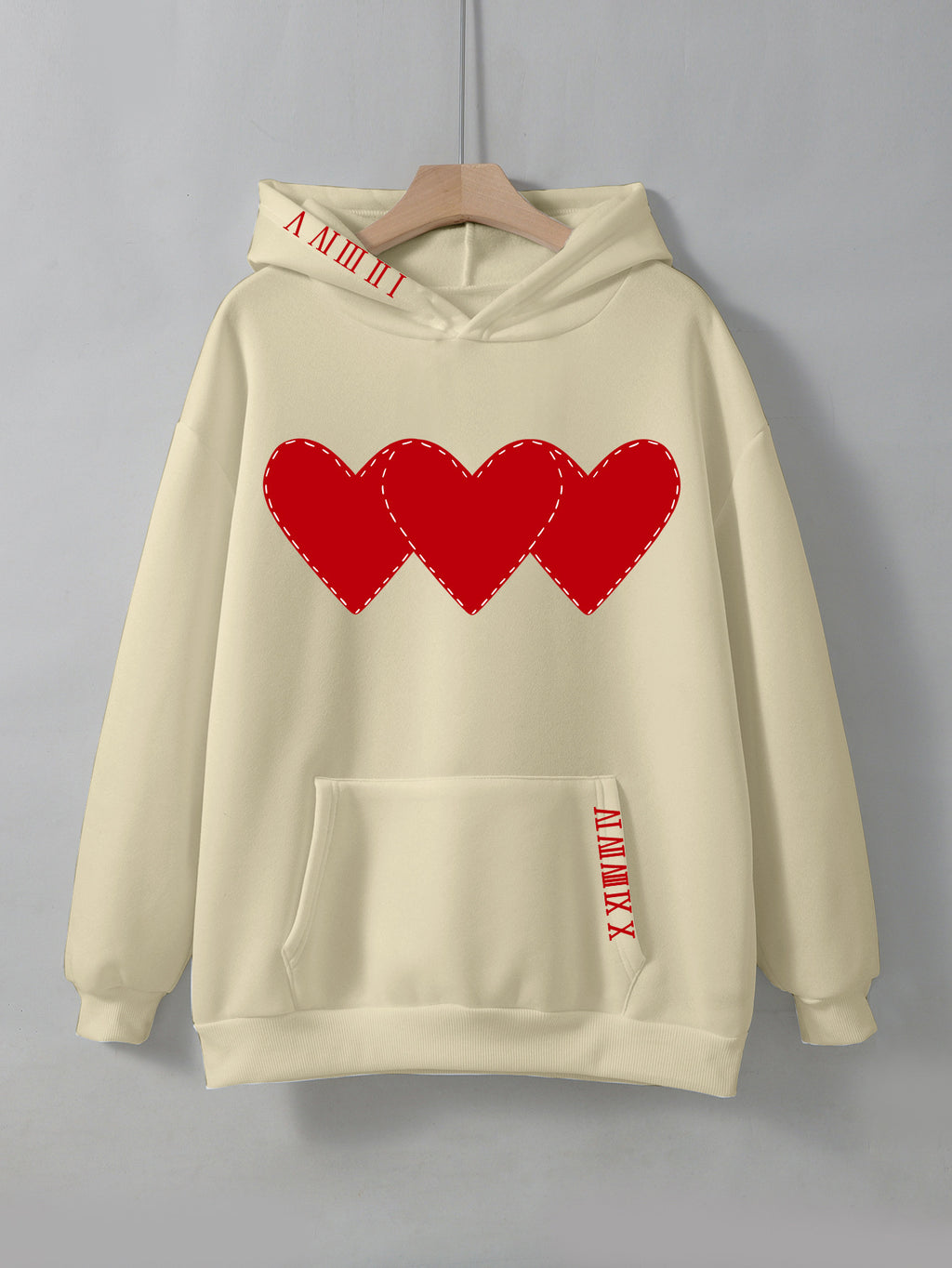 Women's Fleece Hoodie with Heart Print and Kangaroo Pocket