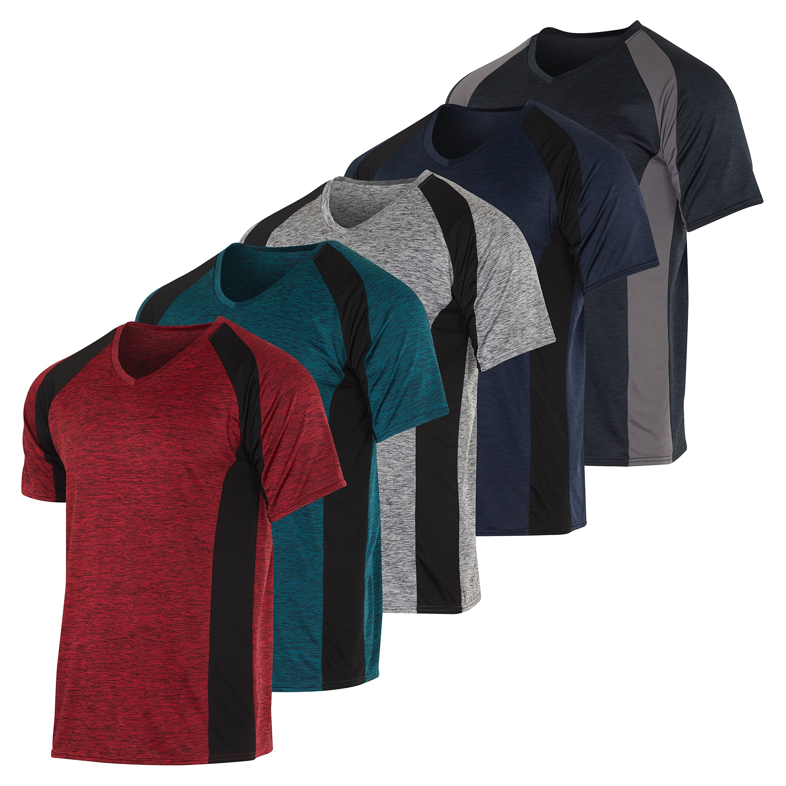 Real Essentials Athletic V Neck Tshirt Shirts T-Shirts Men Quick Dry Fit Tops Dri Fit Short Sleeve Active Wear Training Exercise Fitness Workout Shirt Tee Tees Gym Sports Top Set 5 M Pack of 5