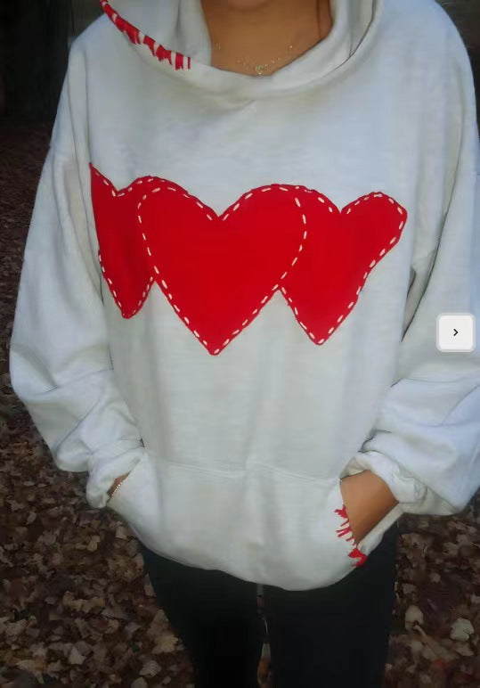 Women's Fleece Hoodie with Heart Print and Kangaroo Pocket