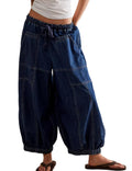 Hooever Womens Wide Leg Jeans Baggy Boyfriend Elastic Hem Denim Pants with Drawstring Waist(DarkBlue-S)