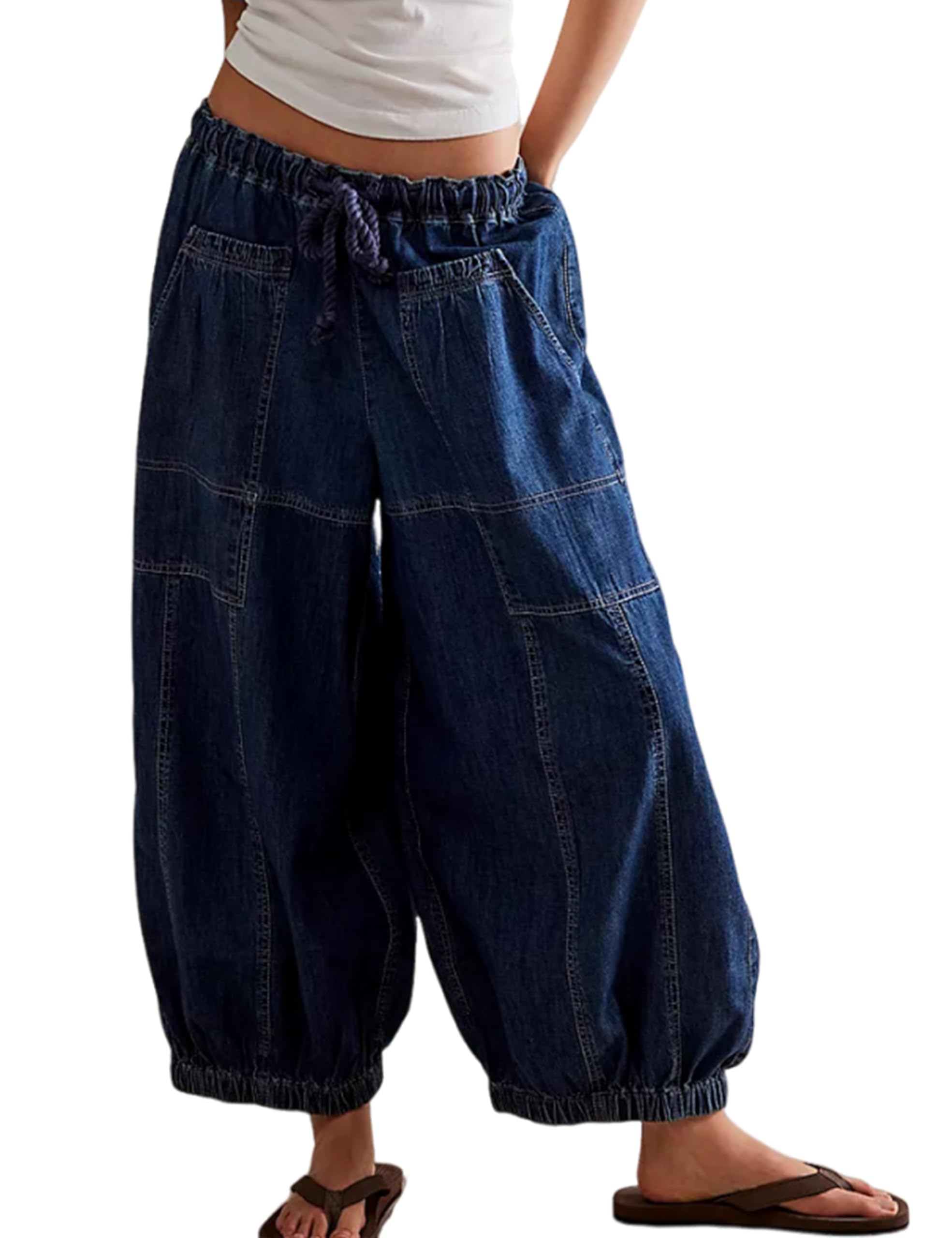Hooever Womens Wide Leg Jeans Baggy Boyfriend Elastic Hem Denim Pants with Drawstring Waist(DarkBlue-S)