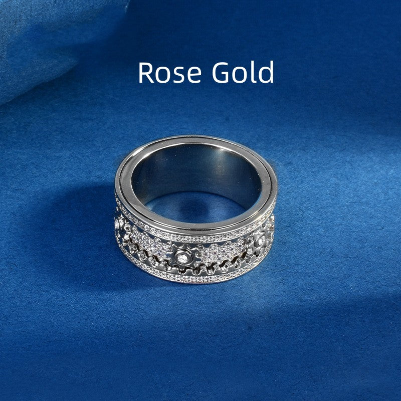 S925 Sterling Silver Full Diamond Rotating Gear Ring