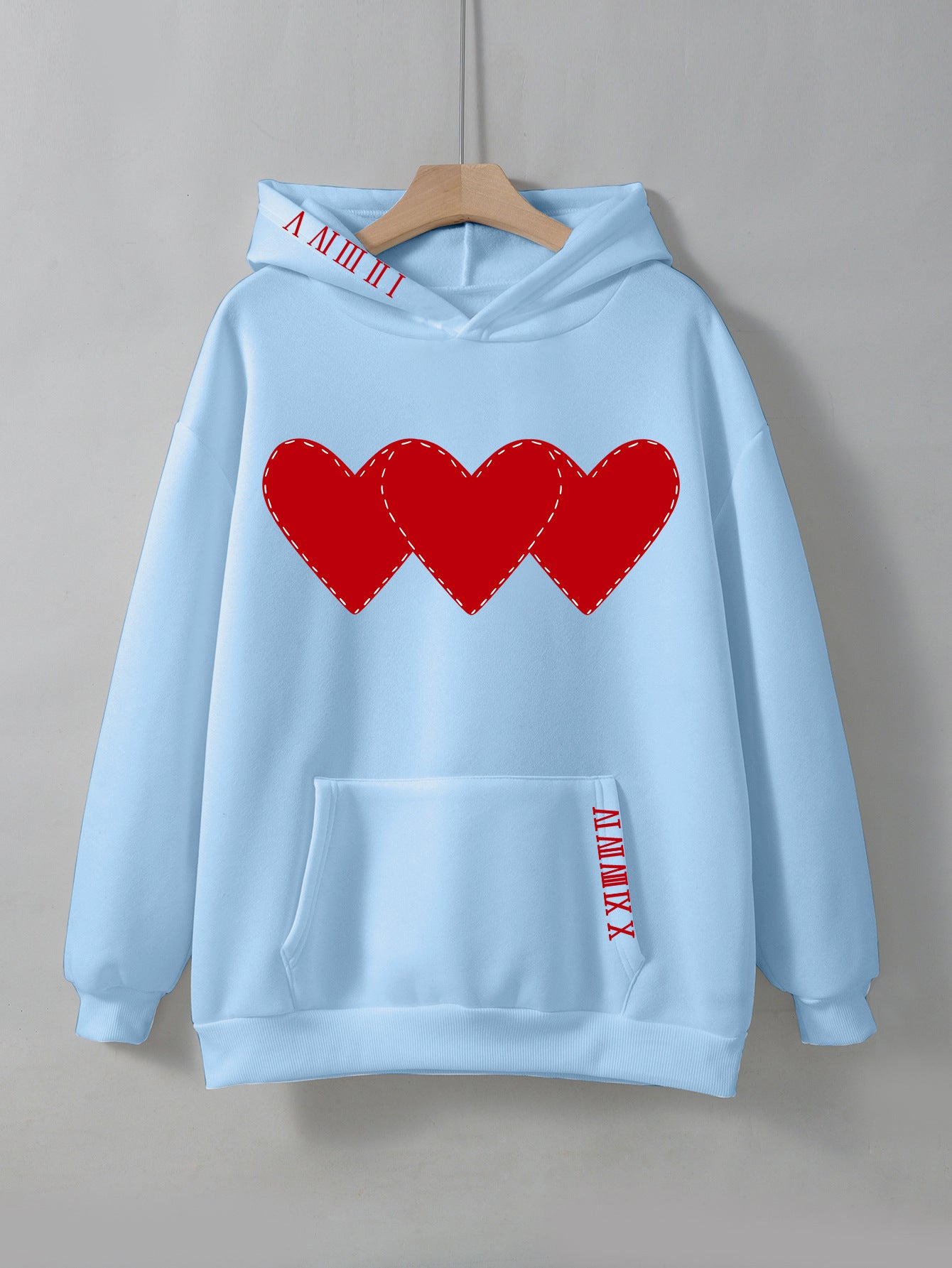 Women's Fleece Hoodie with Heart Print and Kangaroo Pocket