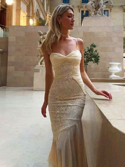 French-style Women’s Lace Pleated Long Dress 2024