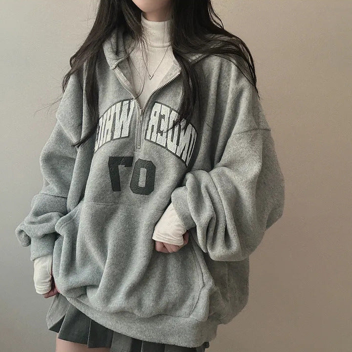 Thick Fleece-Lined Women's Letter Zipper Hoodie