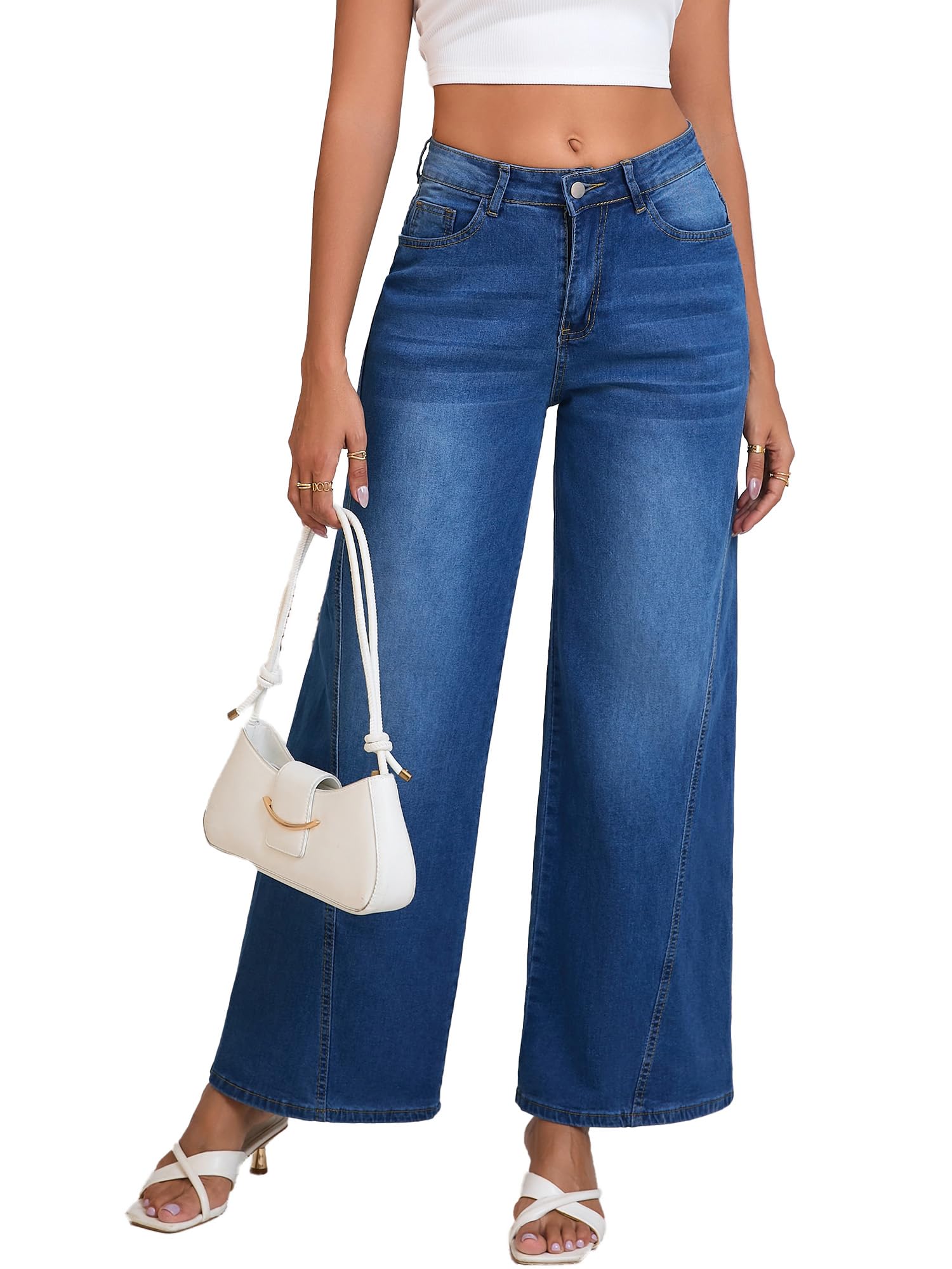 BubFee Wide LegJeans for Women Baggy Jeans High Waisted Loose Boyfriend Denim Pants Blue Medium
