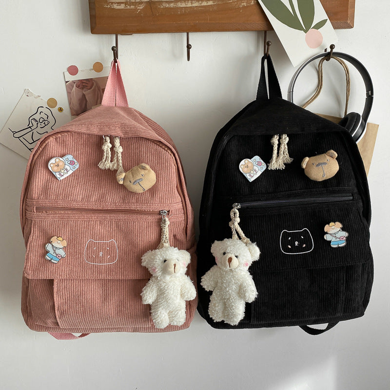 Cute Solid Color Corduroy Backpack for Girls