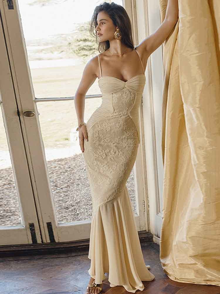 French-style Women’s Lace Pleated Long Dress 2024