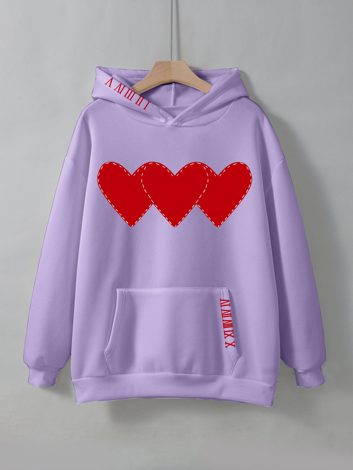 Women's Fleece Hoodie with Heart Print and Kangaroo Pocket