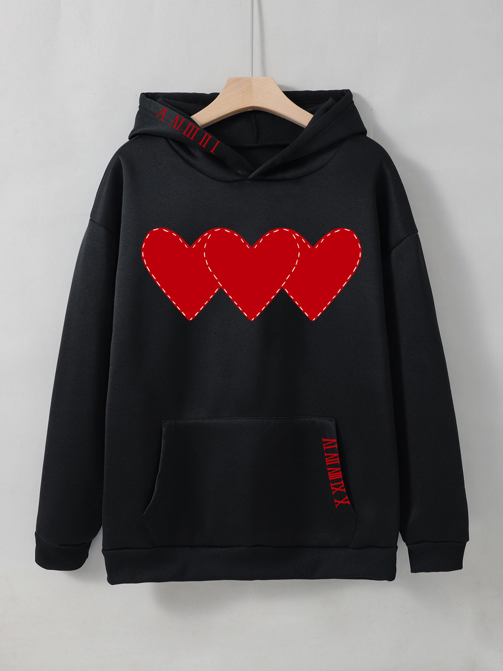 Women's Fleece Hoodie with Heart Print and Kangaroo Pocket