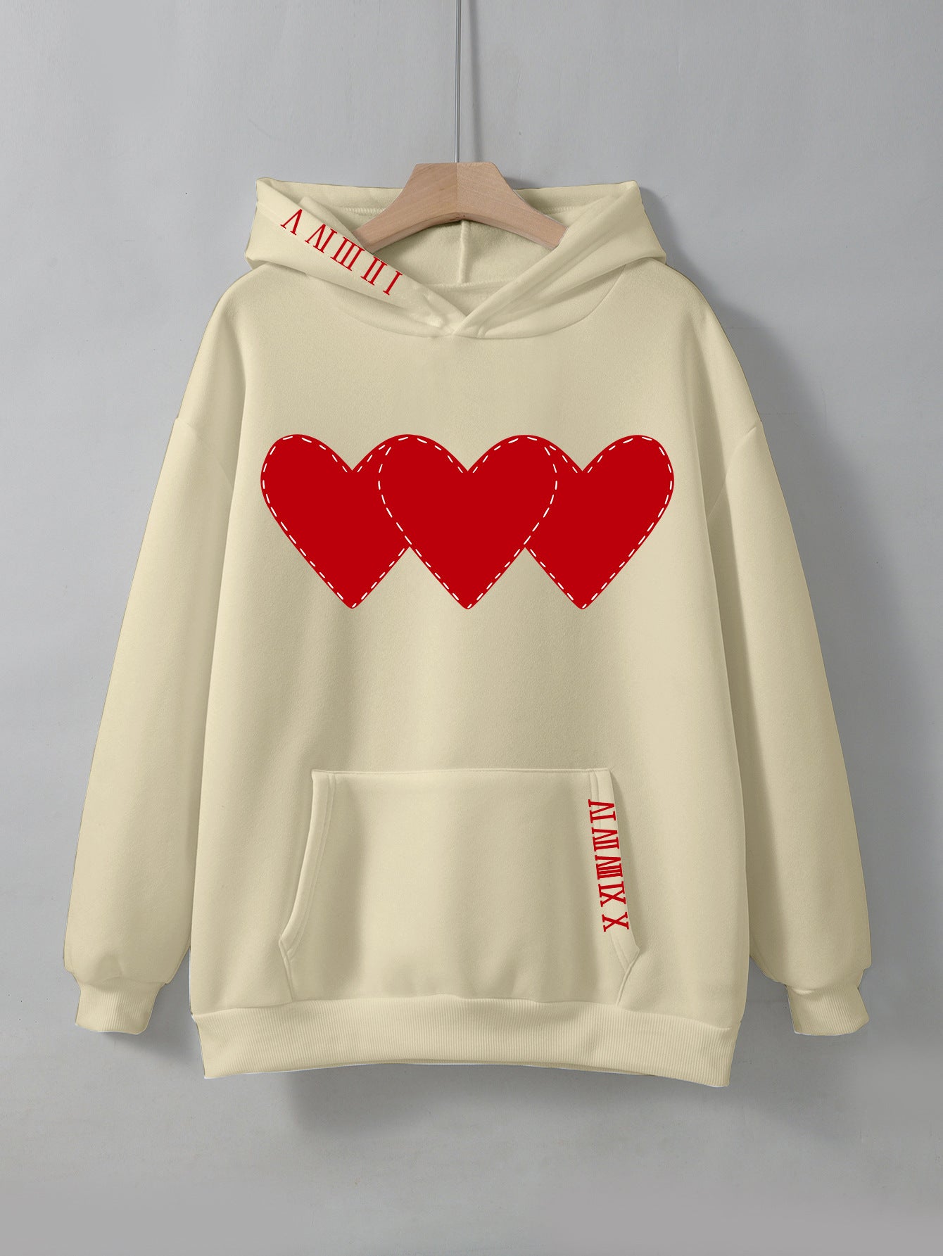 Women's Fleece Hoodie with Heart Print and Kangaroo Pocket