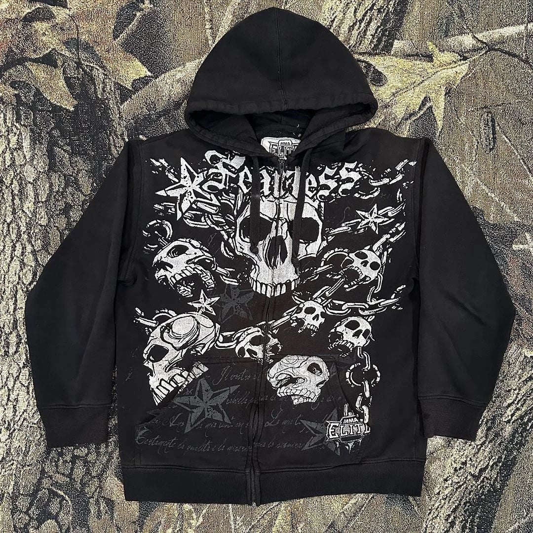 Punk Dark Skull Printed Hoodie Zip Cardigan Pullover
