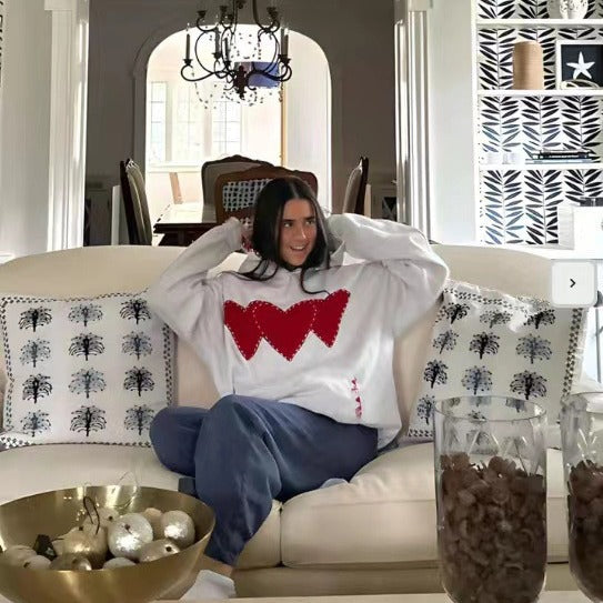 Women's Fleece Hoodie with Heart Print and Kangaroo Pocket